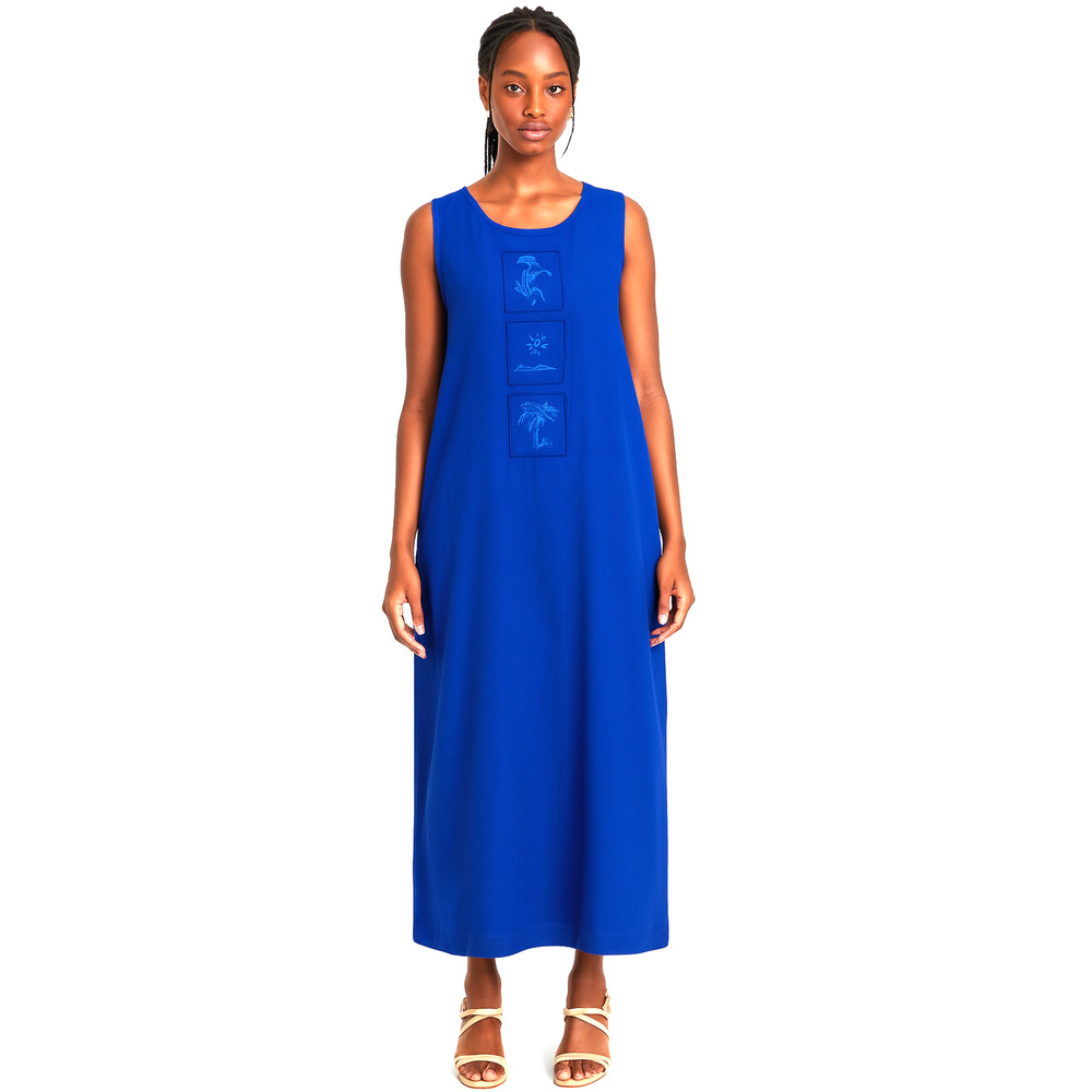 Cactus Royal Blue Sleeveless Maxi Dress Kokopelli Embroidered Size XXL